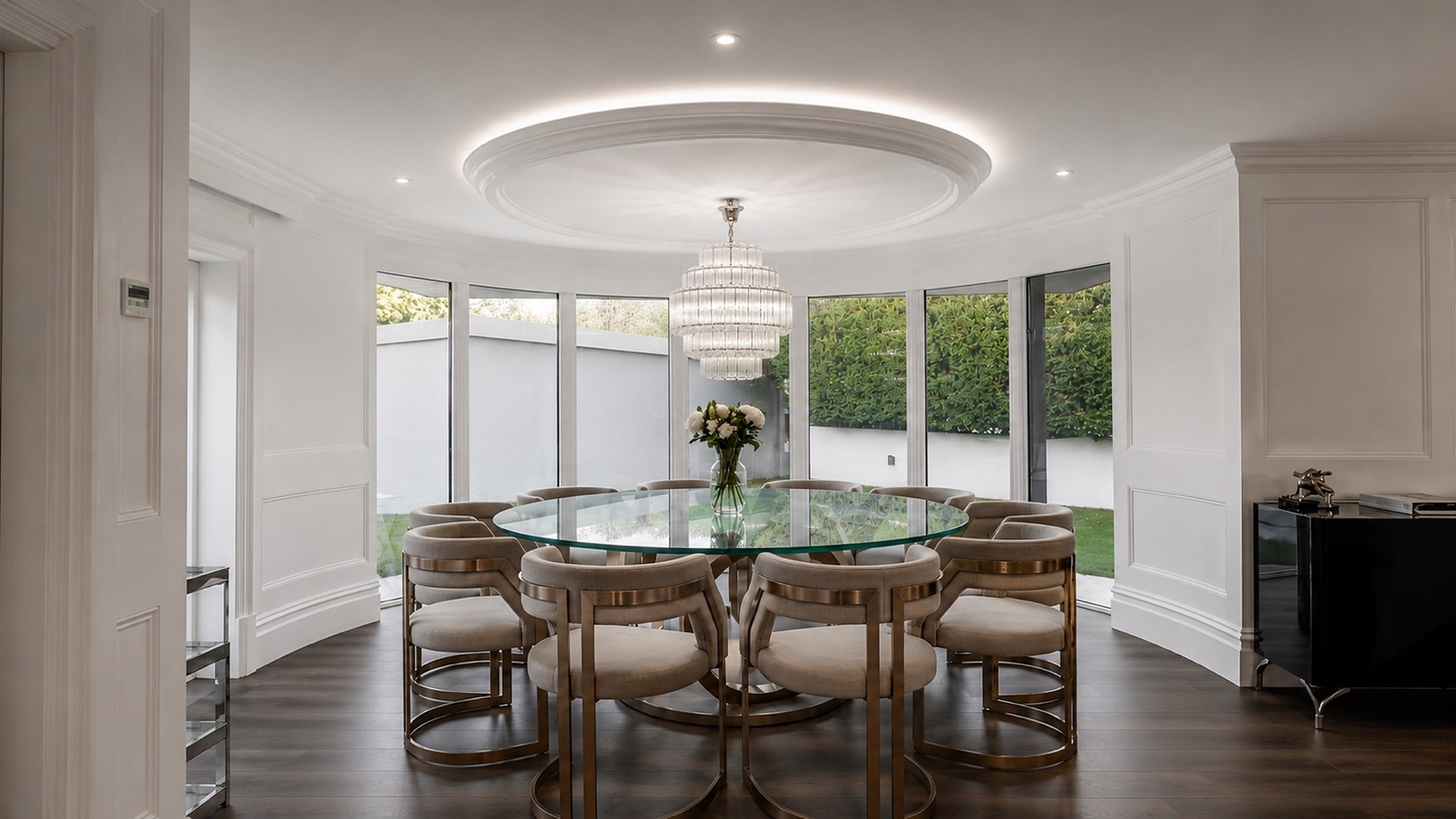 Panelled dining room with a curved bay, ceiling rose and crystal chandelier